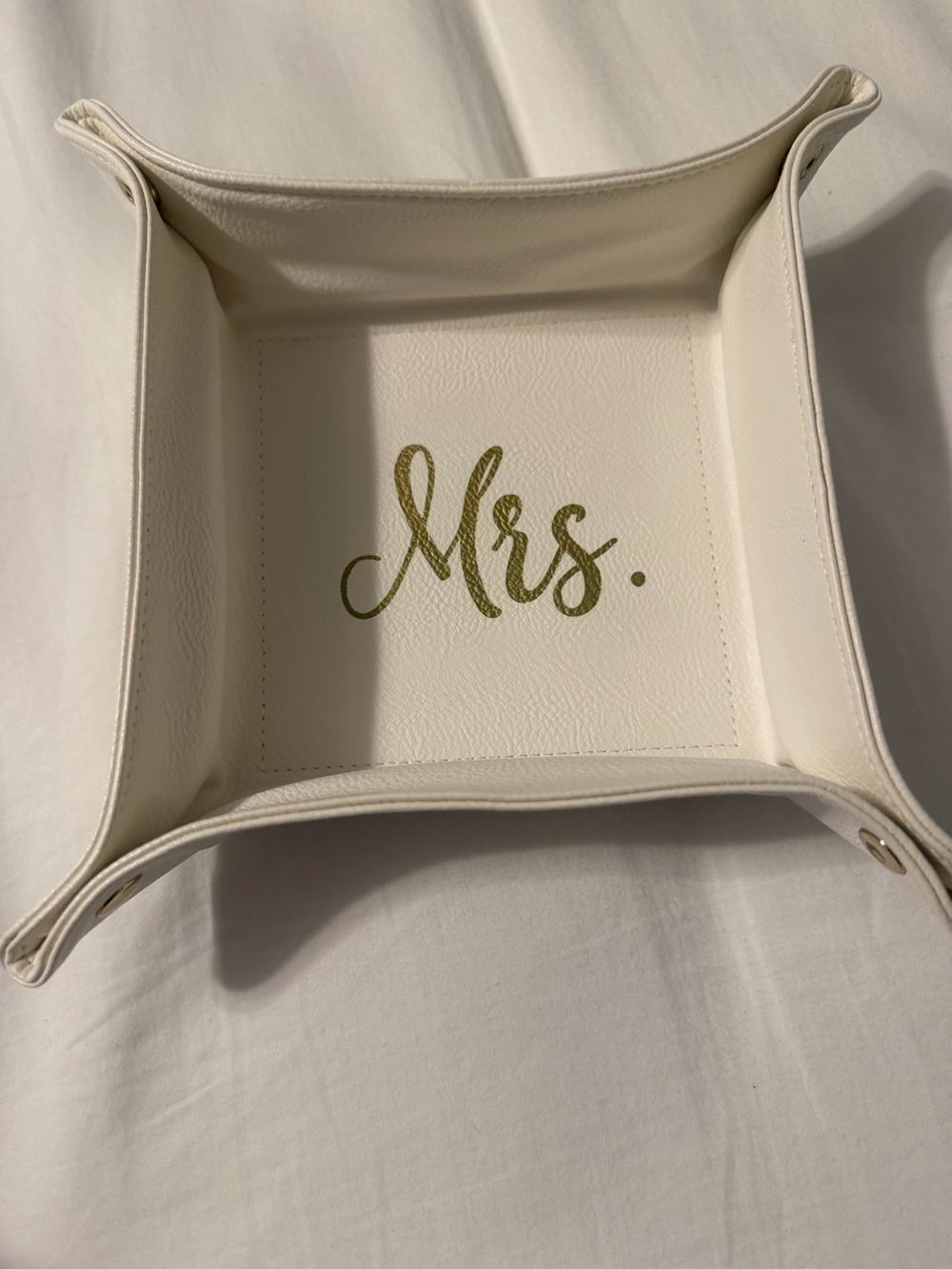 White Leather Catchall Tray with Gold Script